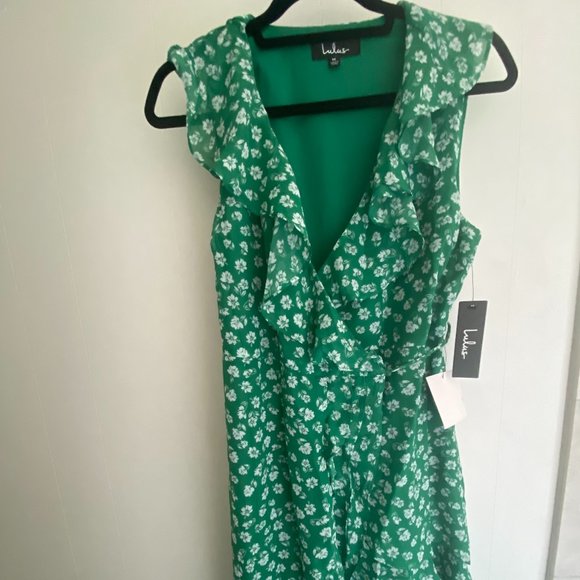 NWT LuLu's M Green Floral Print Ruffle Wrap Midi Dress - Picture 3 of 5